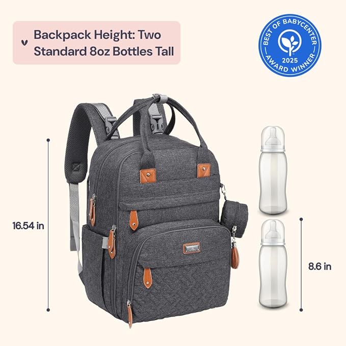 BabbleRoo Diaper Bag Backpack - Baby Essentials Travel Tote - Multi Function Water Resistant Diaper Bag, Travel Essentials Baby Bag with Changing Pad, Stroller Straps & Pacifier Case - Dark Gray