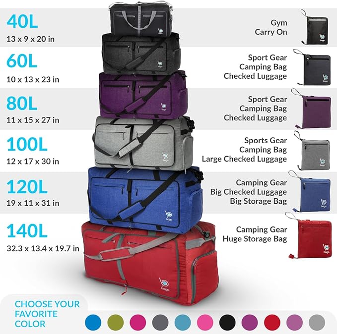 Bago Foldable Duffel Bags for Traveling Women & Men - 60L Medium Packable Duffle Bag for Travel with Shoe Compartment - Water Repellant, Heavy Duty, Lightweight Folding & Collapsible (SnowBlue)