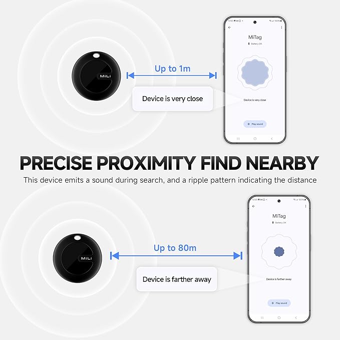 MiLi MiTag Bluetooth Tracker for Android, Google Certified Key Finder/Luggage Tracker/Item Locator, Smart Tracking Tag for Google Find My Device (Find Hub) App, 4 Pack