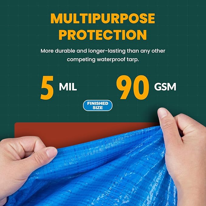 Large Waterproof Tarp - Heavy Duty 5 Mil Thick Poly Tarpaulin Ideal for Canopy Tents, Boats, RV or Pool Covers - Multipurpose Protective Tarps with Grommets for Indoor and Outdoor Use | 50' x 50'