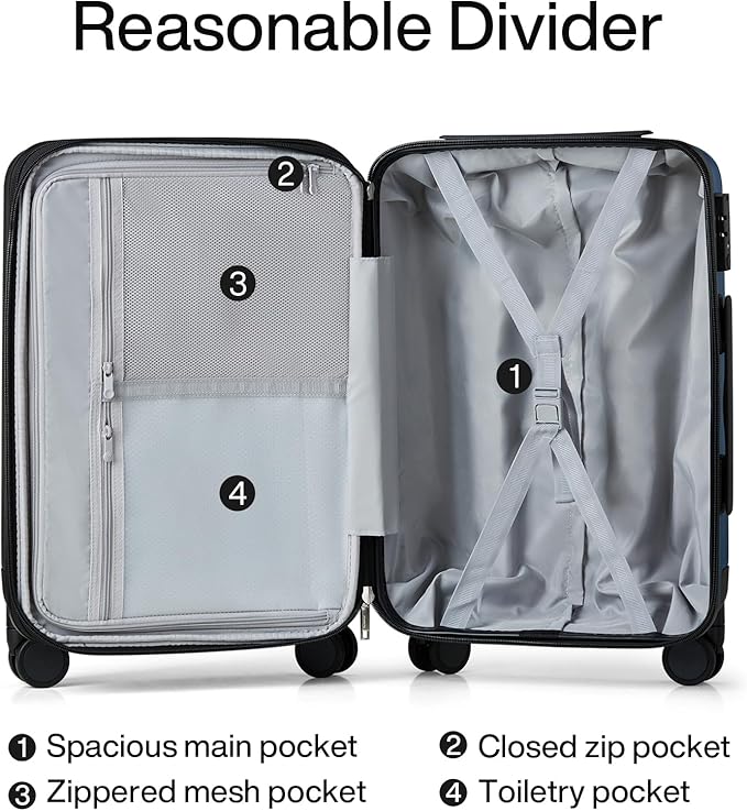 Hanke 20 Inch Expandable Carry on Luggage 22x14x9 Airline Approved Lightweight PC Hard Shell Suitcases with Wheels Travel Luggage Rolling Suitcase Travel Luggage Bag for Weekender(Dark Blue)