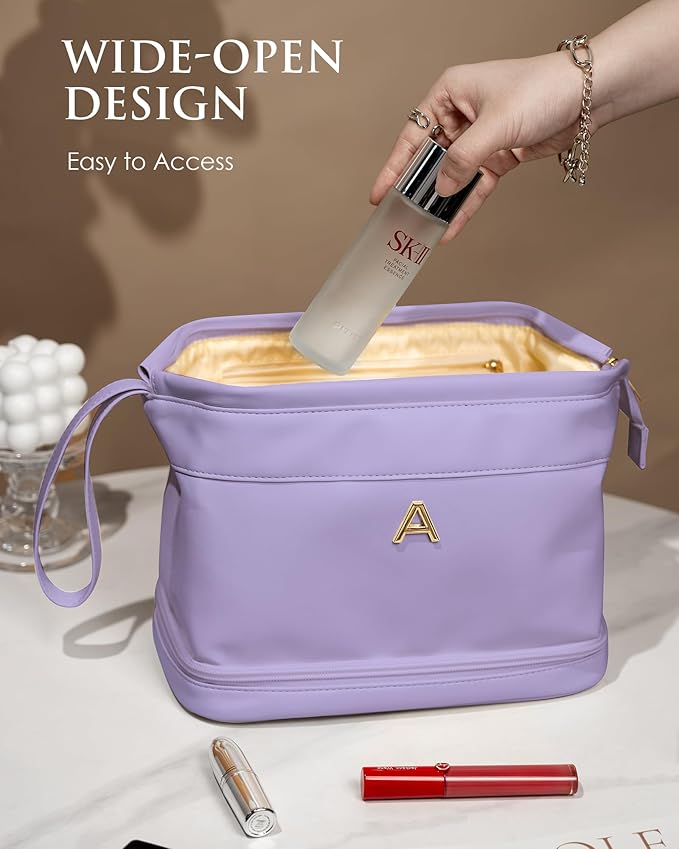 Initial Makeup Bag, Daughter Gifts, Personalized Double Layer Cosmetic Bag with Makeup Brush Organizer, Waterproof, Large Capacity PU Leather Travel Toiletry Bag Cute Things for Girls