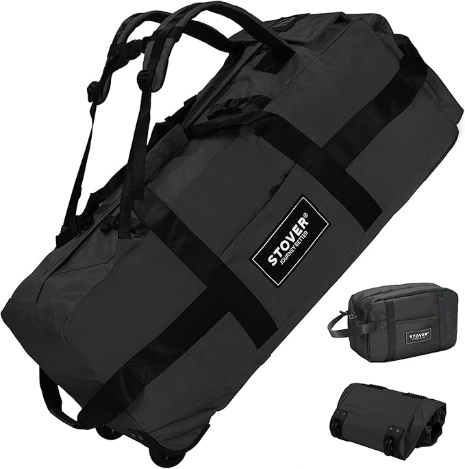 STOVER 80L Rolling Duffel Bag with Wheels, Large 31 Inch Durable Travel Duffle + Toiletry Bag, Heavy Duty, Packable, Foldable w/Shoulder Straps- Use as Luggage or Backpack, Men/Women (Black)