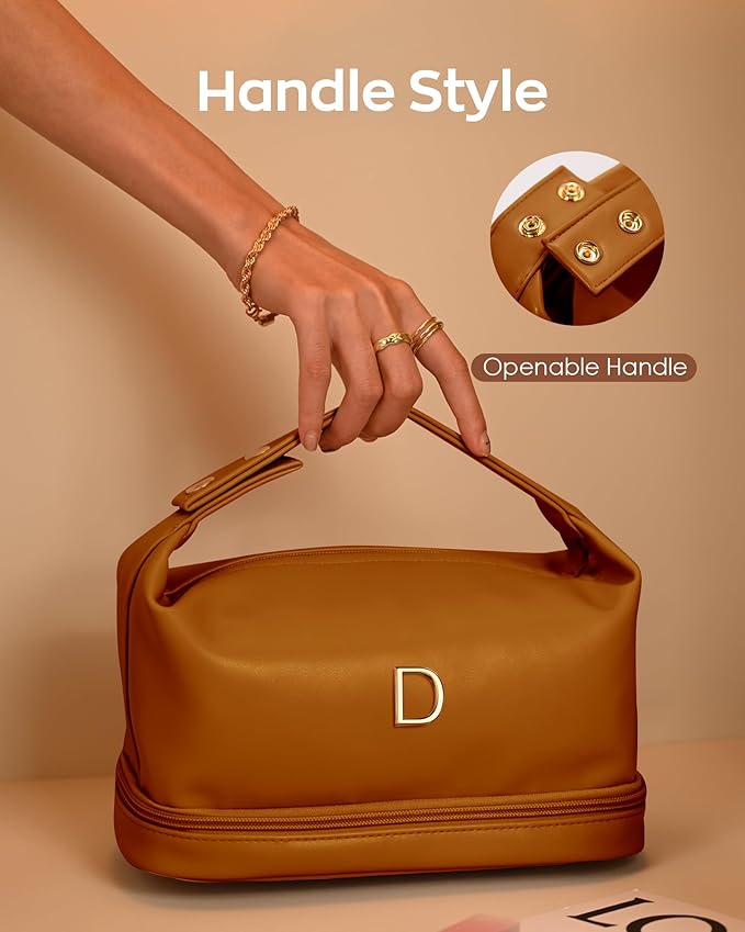 Women Gift Ideas, Personalized Makeup Bag with Handle, Initial Double Layer Cosmetic Bag with Makeup Brush Organizer, Cute Cosmetic Pouch for Women, Gifts for Friends Female Mom