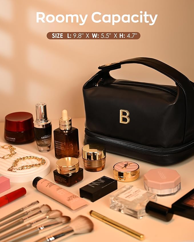 Graduation Gifts for Girls-Initial Makeup Bag with Handle, Double Layer Cosmetic Bag, Makeup Bags for Women Letter Toiletry Bag with Makeup Brush Organizer-Birthday Gifts for Women