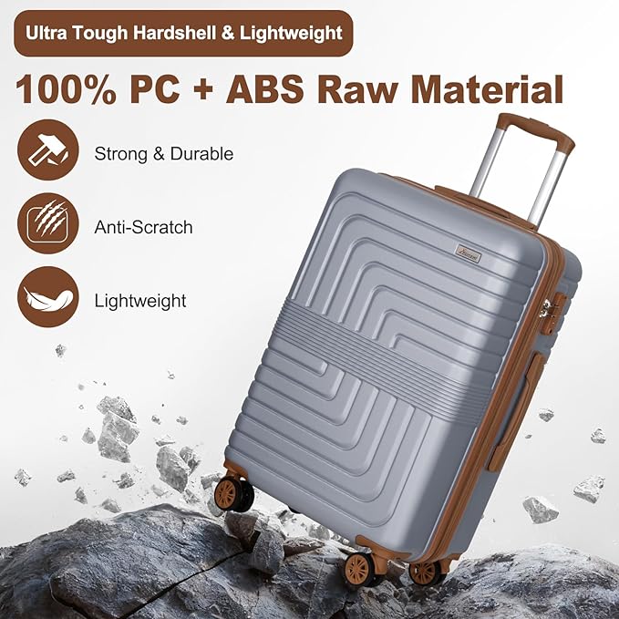 Romswi Expandable 24" Checked Luggage,Medium Hardshell Suitcase with Double Spinner Wheels for 20% More Space, Airline Approved Lightweight Hardside Luggage, Scratch-Resistant & YKK Zipper,Silver