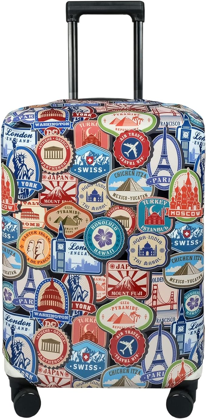 Explore Land Travel Luggage Cover Suitcase Protector Fits 27-30 Inch Case (Landmark Sticker, L)