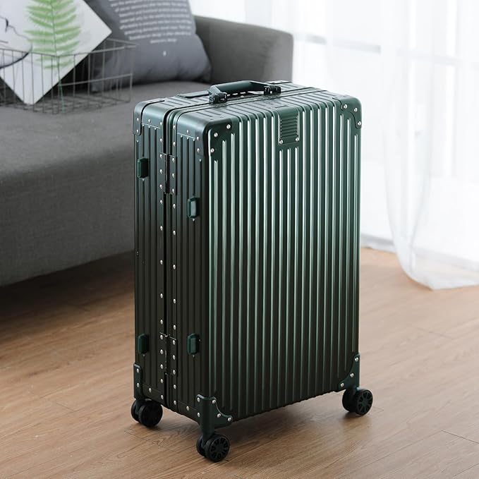 Metal All Aluminum Carry-on Luggage TSA Customs Lock Zipperless Silent Rotary Wheel Business Suitcase Aluminum Frame Set (dark green, 26 '')