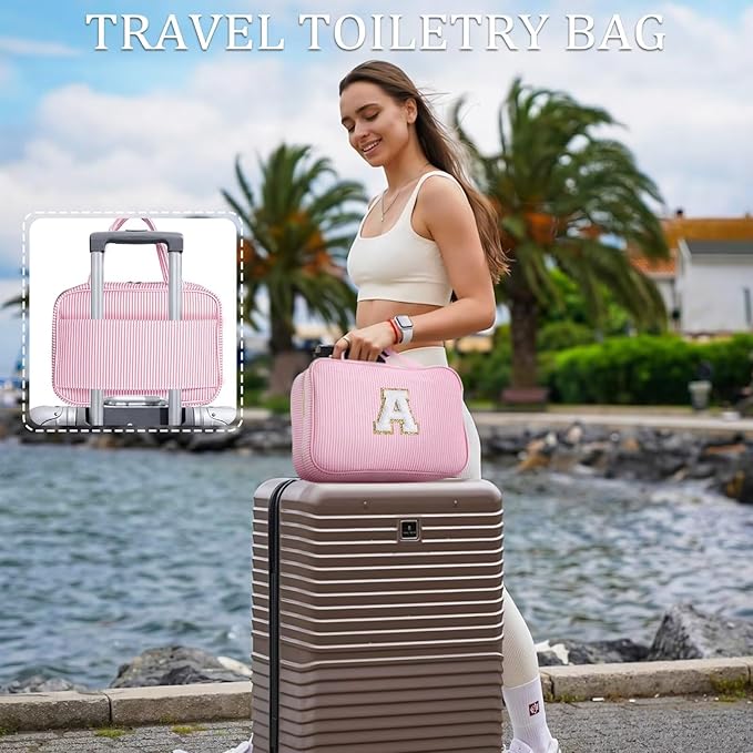 YOOLIFE Travel Toiletry Bag for Women - Hanging Toiletry Bag Initial Makeup Bag, Portable Toiletries Cosmetic Bag, Airplane Travel Essentials - Letter I, Pink