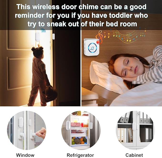 Door Chime,Wireless Door Open Alarm-SANJIE Door Entry Chime with 26 Chimes 5 Adjustable Volume Mute Mode for Business/Home/Store, Pool Alarm with 500ft Range LED Indicators, 1 Receivers + 1 Sensors