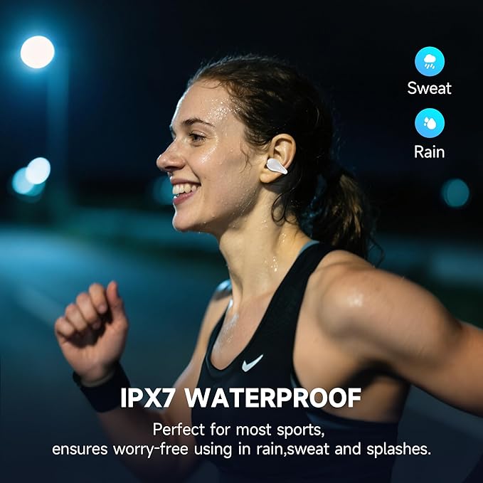 Open Ear Earbuds Wireless Bluetooth 5.3 Earphones, Flexible Clip On Ear buds with 36H Playtime LED Display Bone Conduction Headphones, Waterproof Light Weight Fit for Every Ear, Sport Elegant White