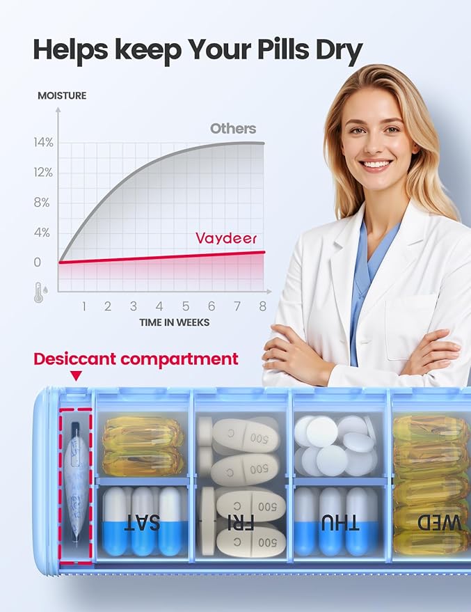 Vaydeer 7 Day Weekly Pill Organizer (Support 2 Times a Day), Metal Travel Pill Case, Large Capacity Daily Cute Pill Box for Supplements, Pills, Vitamins and Medication (Purple), 8.3*2.1*1.2 Inch