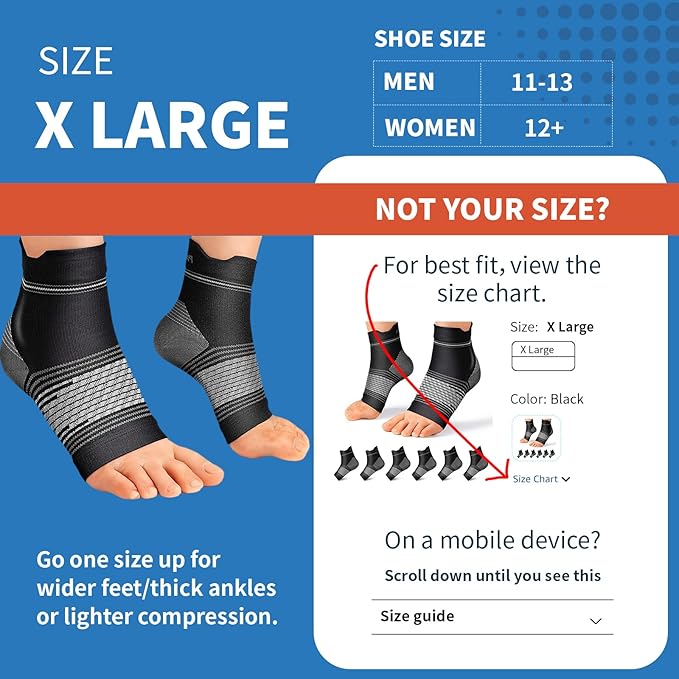 Plantar Fasciitis Sock (6 Pairs) for Men and Women, Compression Foot Sleeves with Arch and Ankle Support, Black, X-Large