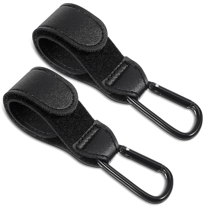 Xindojuz 2 PCS Stroller Hooks for Bags, Multipurpose Stroller Straps with Large Carabiner Clip for Hanging Diaper Bag and Strollers Organizer Accessories for Wheelchair, Shopping and Pet Carts (Black)