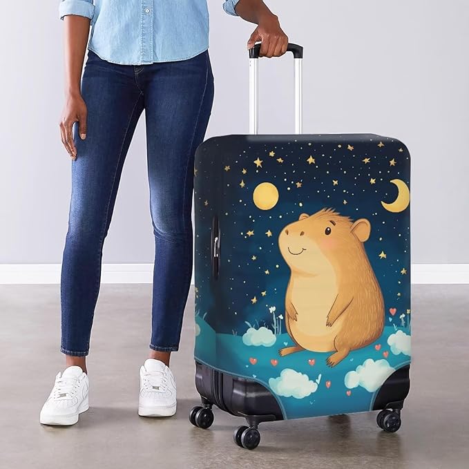 Capybara Suitcase Cover Cute Luggage Cover Protector Invisible Zipper Closure Travel Luggage Protector Fit 26-29 Inch Anti-Scratch Stretchable Suitcase Protector, Moon and Star