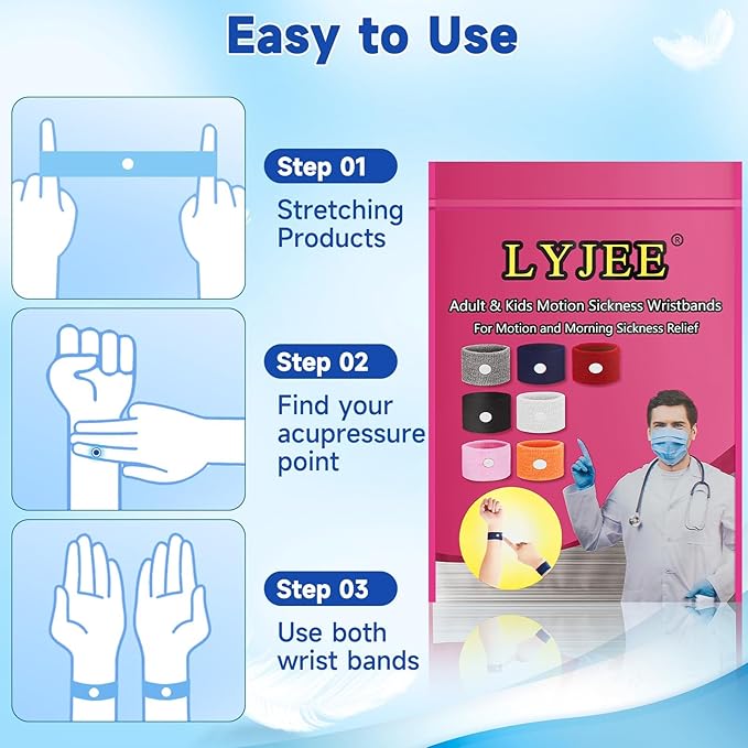 LYJEE Motion Sickness Bands for Adults and Kids Nausea Relief for Pregnant Women Seasickness Wristband for Cruise Ship Essentials