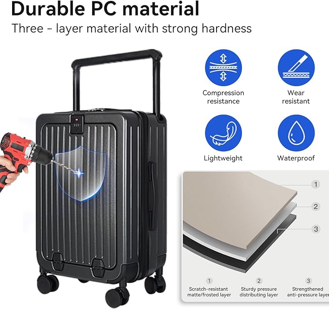 SOKOK Front Pocket Luggage with Spinner Wheels, 24'' Wide Handle Travel Suitcase PC Hardshell Multifunctional Luggage with Charging Port and Cup Holder, Graphite