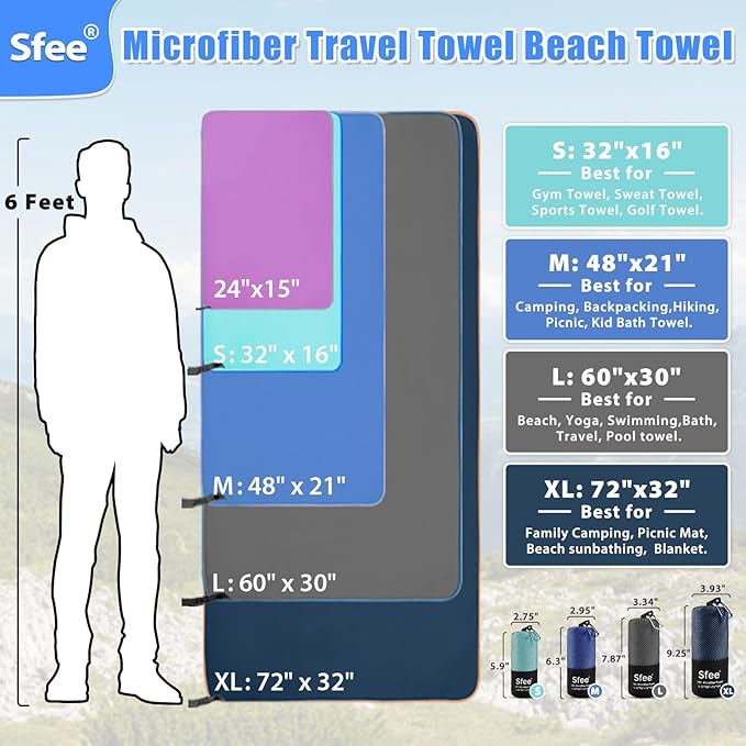 Sfee 2 Pack Microfiber Travel Towel, Quick Dry Camping Towel Large Beach Towel Super Absorbent Compact Lightweight Sports Gym Towels Set for Gym, Hiking, Pool, Backpacking,Bath,Yoga