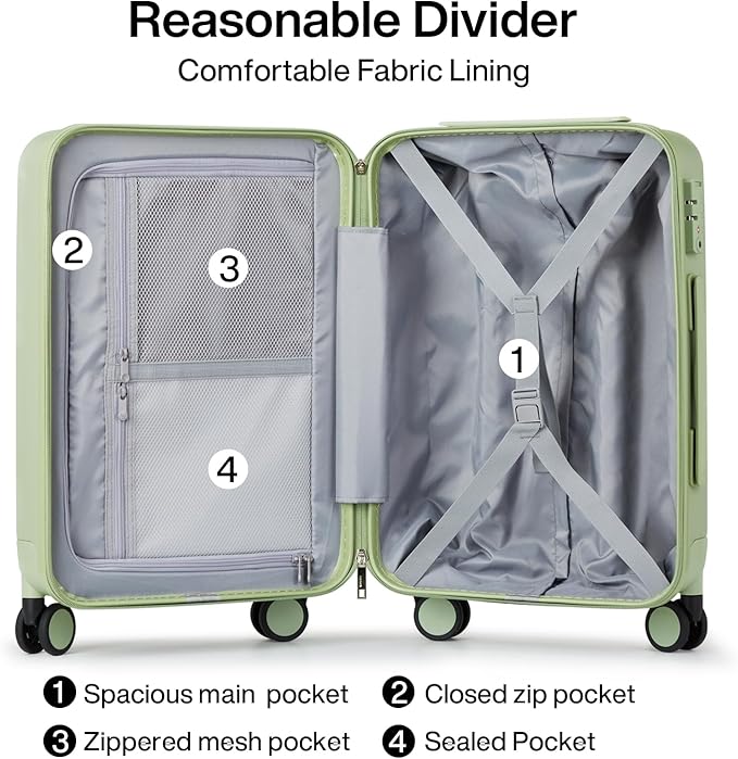 Hanke 20 Inch Carry On Luggage 22x14x9 Airline Approved PC Hard Shell Suitcases with Wheels TSA Luggage for Women Men Lightweight Travel Luggage(Bamboo Green)
