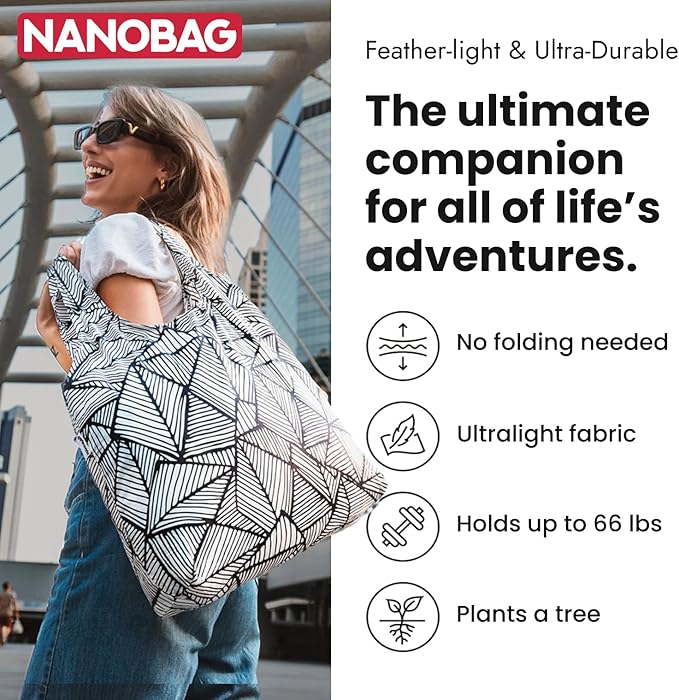 Nanobag Ultra-Lightweight Foldable Tote for Women & Men, Reusable Grocery & Travel Bag, Packable Collapsible Compact Market Essential (Standard Blue Waves)