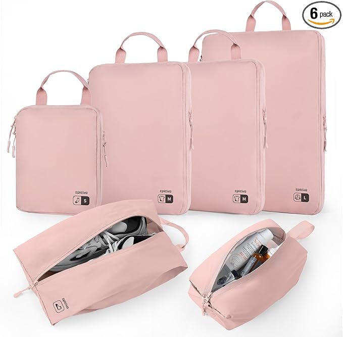 EPICKA 6 Set Ultra-Lightweight Compression Packing Cubes - Water Resistant Durable Travel Organizers with Toiletries Bag for Women, Expandable Travel Accessories for Carry on Luggage, Suitcase (Pink)