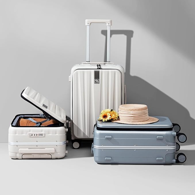 Hanke 24 Inch Checked Luggage Front Opening Rolling Suitcase Hard Sided Luggage with Spinner Wheels for Travel Woman Men.(Grey)