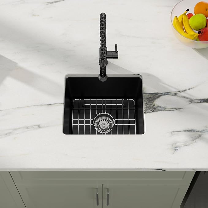 Dcolora 15 Inch Granite Composite Black Bar Sink Undermount Small Kitchen Sink Quartz Prep RV Single Bowl Under Counter Basin DC-GU7745