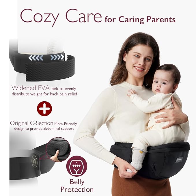 Momcozy Hip Seat Baby Carrier - Adjustable Waistband with Original 3D Belly Protector, Ergonomic Carrier with Various Pockets for Newborns & Toddlers up to 45lbs (Black, Large)