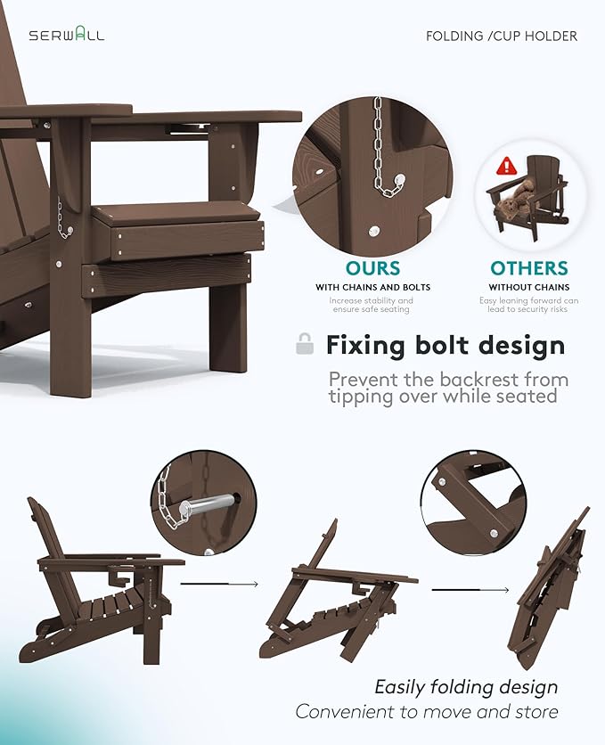 SERWALL Adirondack Chair with Cup Holders - Composite Adirondack Chairs Set of 4 HDPE Outdoor Chairs All Weather Use- Coffee