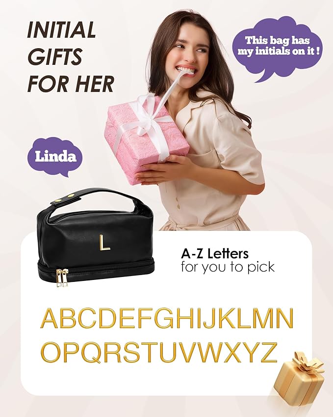 Young Women Gifts, Personalized Makeup Bag with Handle, Cool Gifts for Her Cosmetic Bag with Makeup Brush Organizer, PU Leather Travel Toiletry Bag, Gifts for Friends Female Mom