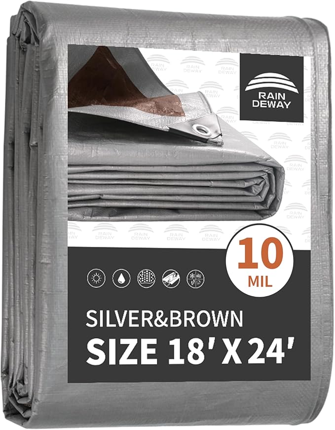 Tarps Heavy Duty Waterproof 18x24 Feet, 10Mil Multipurpose Large Tarp Cover with Metal Grommets and Reinforced Edges, Silver/Brown Tarp by RAINDEWAY