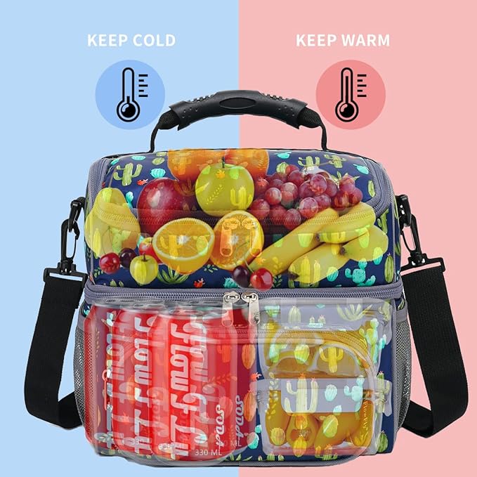 FlowFly Double Layer Cooler Insulated Lunch Bag Adult Lunch Box Large Tote Bag for Men, Women, With Adjustable Strap,Front Pocket and Dual Large Mesh Side Pockets