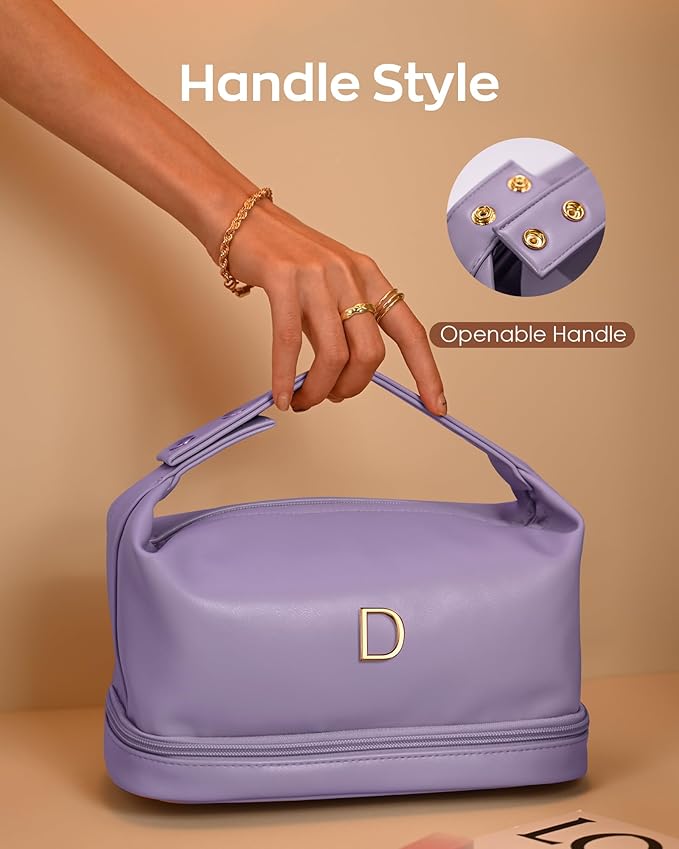 Initial Makeup Bag, Personalized Bags with Handle, Waterproof Double Layer Cosmetic Bag, Large Capacity PU Leather Makeup Bags Letter Travel Toiletry Bag with Makeup Brush Organizer