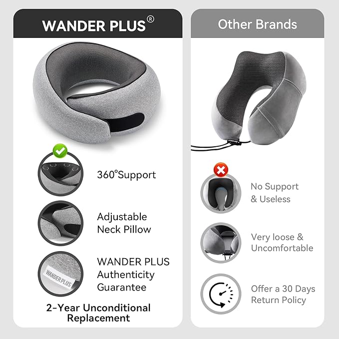 WANDER PLUS® Travel Pillow, 100% Pure Memory Foam Travel Neck Pillow Airplane Neck Support Ergonomic Design Best for Sleeping Plane Car Train Office Flight for Adults Black