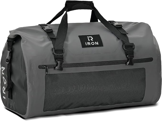 IRON JIA'S Motorcycle Dry Bag - Waterproof Duffle & Luggage Tail Bag Saddle Bags with Roll Top Closure, Shoulder Straps, Inner Pocket and Mesh Pocket (Grey, 50L)