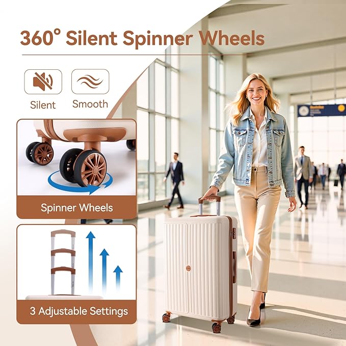 Hoteel 6 Piece Luggage Set with Spinner Wheels (4-YEAR WARRANTY), Carry on Luggage for Travel with TSA Lock, ABS+PC Hardshell Suitcase Set, 16"/20"/24"/28"+Duffel Bag+Cosmetic Bag(Beige)