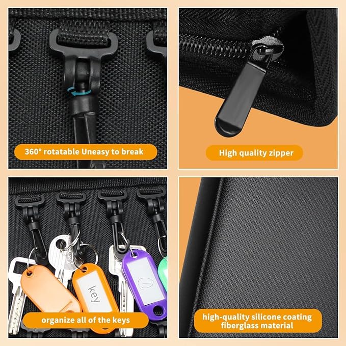 Portable Zippered Key Organizer, Fireproof Key Case with 8 Key Hooks and Tags,Waterproof Key Binder,Portable Key Storage for Estate Sales Hotel Executives and Car Service