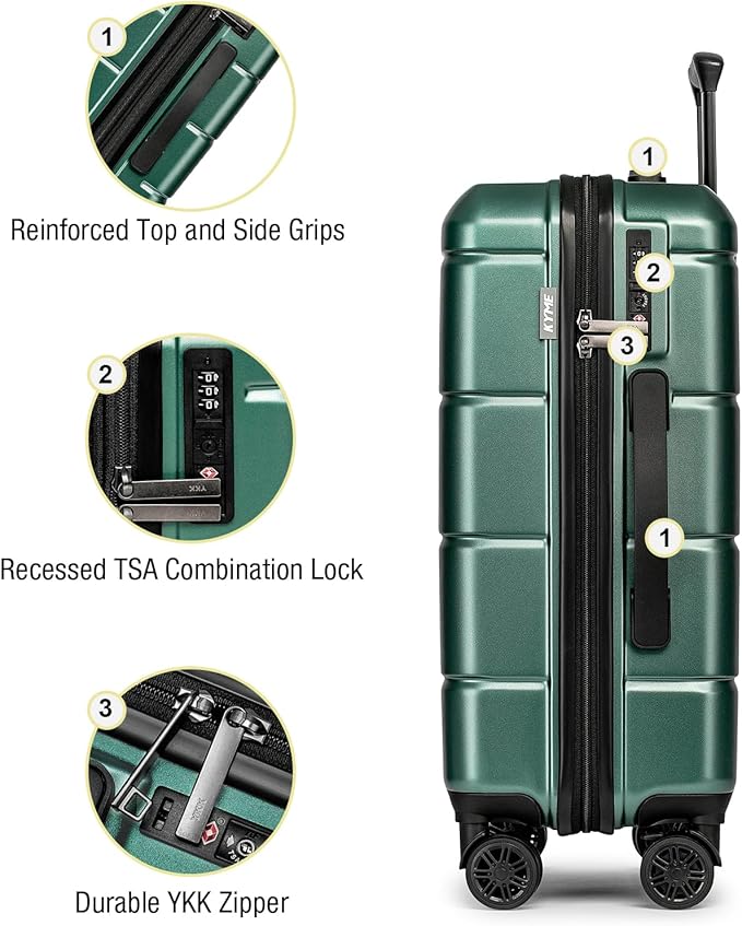 KYME Luggage Sets 2 Piece Hardshell 22"/26" Suitcase with Spinner Wheels Hardside Suitcases Sets with TSA Lock Lightweight Travel Luggage Set with Cup Holder for Women Men Green