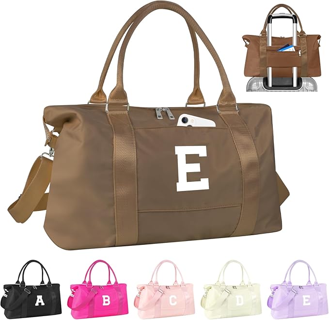 Birthday Graduation Gifts for Daughter,Initial Travel Duffel Bag Sports Gym Bag for Girls Teen Kids Birthday Gifts,Personalized Weekender Bag Carry On Tote Bags Cute Overnight Bag for Women(Brown, E)