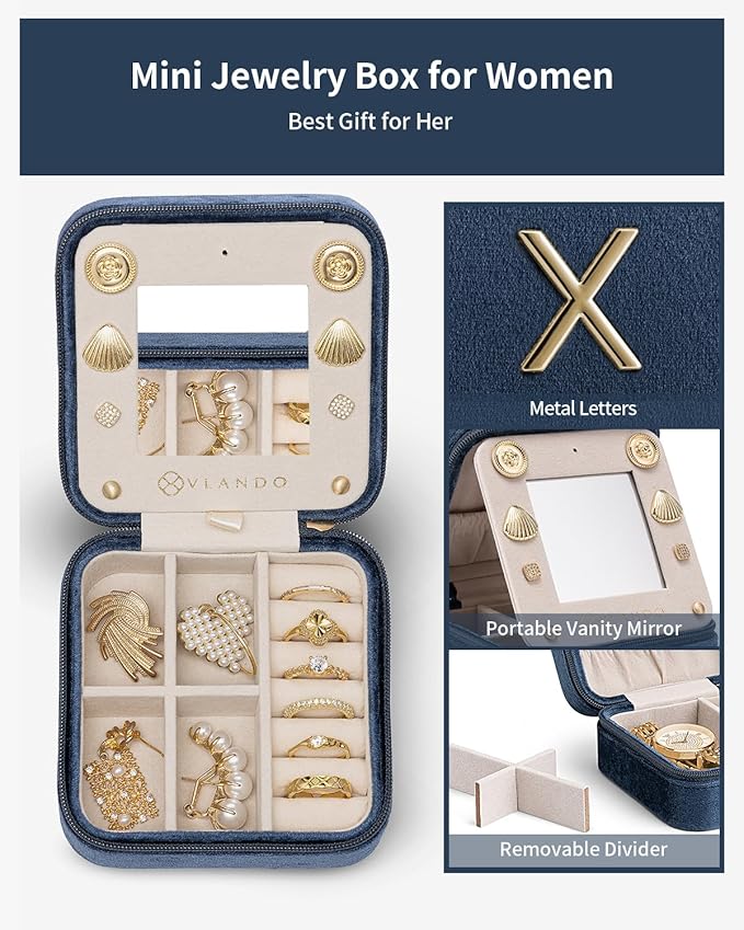 Vlando Travel Jewelry Case for Women Girls, X Initial Jewelry Box, Small Jewelry Box, Travel Jewelry Box for Women, Travel Jewelry Case, Travel Gifts for Women Girls - Letter X, Dark Blue