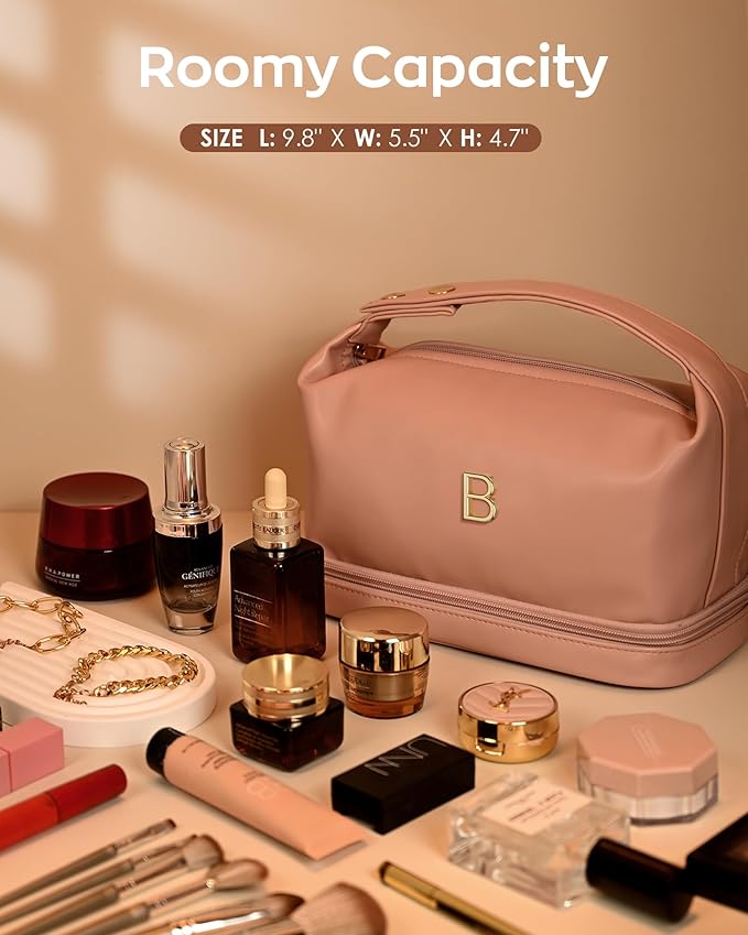 Birthday Gifts for Women, Personalized Makeup Bag with Handle, Initial Double Layer Cosmetic Bag with Makeup Brush Organizer, PU Leather Travel Toiletry Bag, Gifts for Friends Female Mom