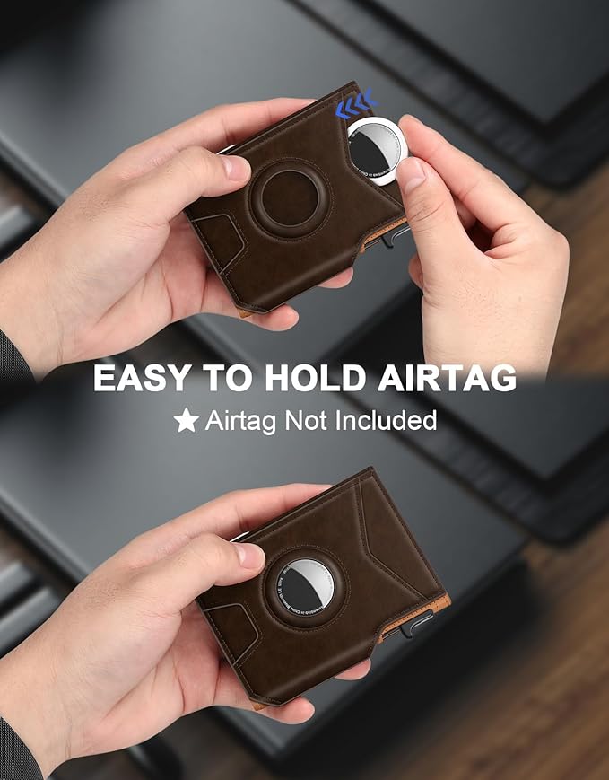 Airtag Wallet for Men, Minimalist Slim Mens Wallet Smart Pop Up Credit Card Holder for 9-13 Cards, RFID Blocking Wallet with ID Window & Cash Slot, Compact Bifold Metal Aluminum Card Case