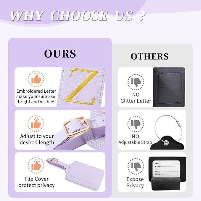 Personalized Initial Luggage Tags for Suitcase, Purple Leather Cute Luggage Tags with Privacy Cover Name Card, Embroidered Custom Monogrammed Luggage Tag Travel Backpack Tags Gifts for Women Kids(Z)