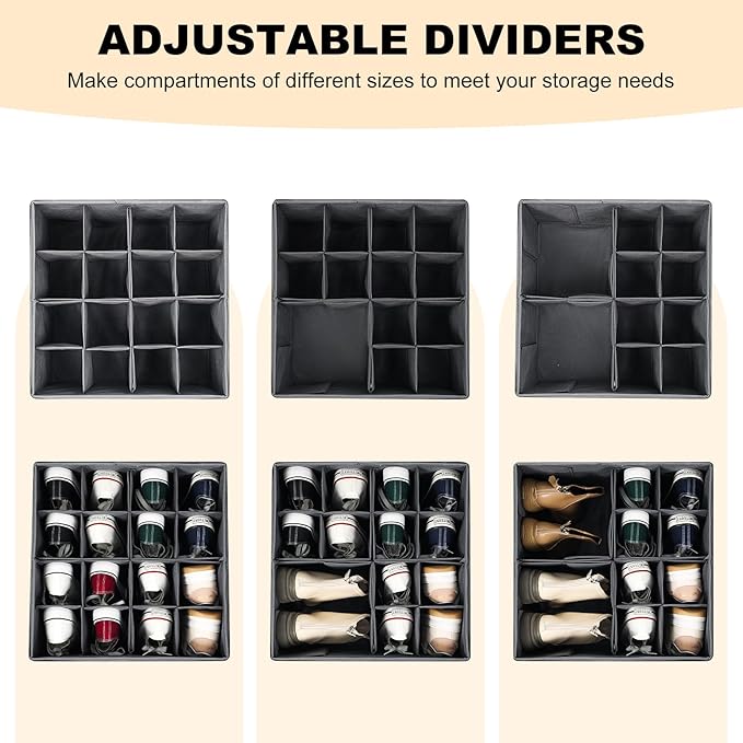Shoe Organizer for Closet, Foldable Shoe Storage Bins with Clear Cover, Large Shoe Box Storage Container with Adjustabele Dividers, Fits up to 16 Pairs, Gray