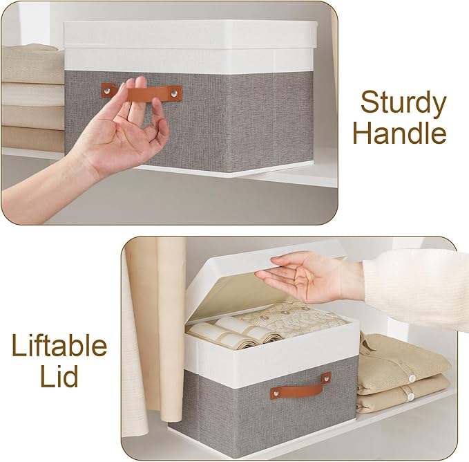 Fabric Storage Boxes with Lids, Linen Foldable Cloth Baskets, Closet Organizer Containers with Double Handles, Sweater Bins for Bedroom, White and Grey, 1 Pack, 13 x 9.1 x 7.9 Inch