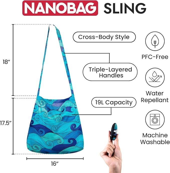 Nanobag Ultra-Lightweight Foldable Sling for Women & Men, Reusable Grocery & Travel Bag, Packable Collapsible Compact Market Crossbody (Sling Duck)