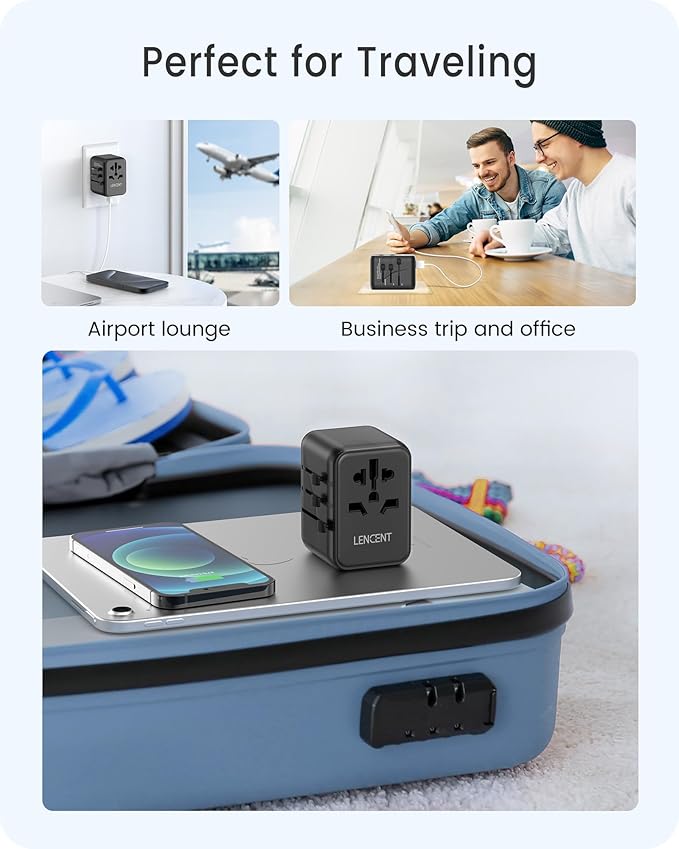 LENCENT Universal Travel Adapter, PD20W International Charger with 2 USB Ports & Type-C Fast Charging Adaptor, Worldwide Wall Charger for iPhone,Laptop, USA/UK/EU/AUS (Black-20W)