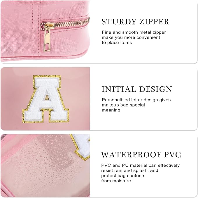 YOOLIFE Initial Travel Makeup Bag Pouch, Clear Toiletry Bag for Women Travel Accessories Cosmetic Bag Skin Care for Teen Make Up Bags Birthday Gifts for Women Unique Teacher Mom Friends Gifts Pink N