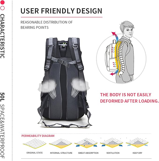 Bseash 50L Hiking Backpack, Water Resistant Lightweight Outdoor Sport Daypack Travel Bag for Camping Climbing Skiing Cycling (Purple - No Shoe Compartment)
