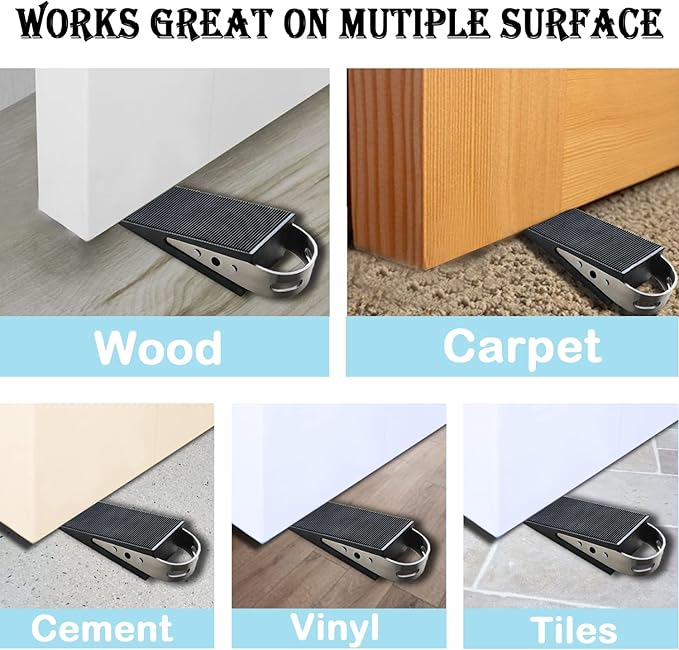Shackcom Rubber Door Stopper Wedge, 4 Pack Black Heavy Duty Door Stop Suitable for All Floor Types, with Stainless Steel Hangers for Easy Storage, Prevents Unwanted Slams and Bumps